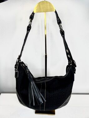 Coach Signature Jacquard Soho Hobo Bag Black Canvas with Black Leather Trim Y2K